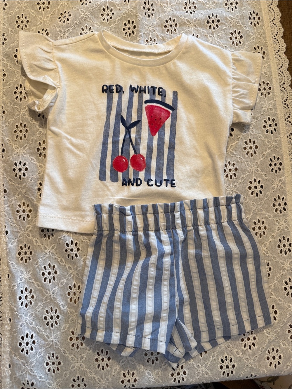 Carter's White Tee with Blue Striped Shorts Pajama Set - Red Cherry Graphic